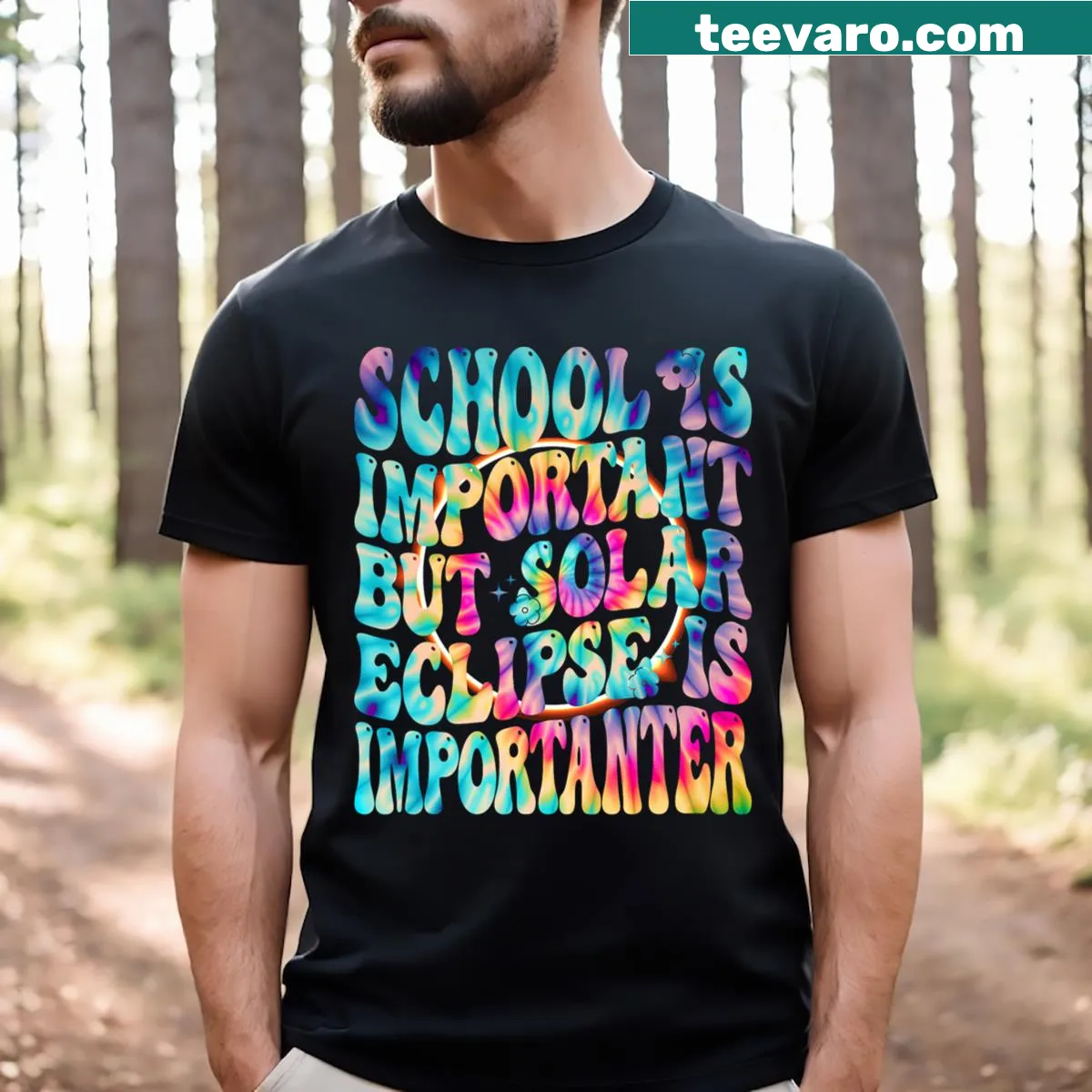 Teacher T-shirt with 'School Is Important Solar Eclipse Is Importanter' phrase — on a men's t-shirt