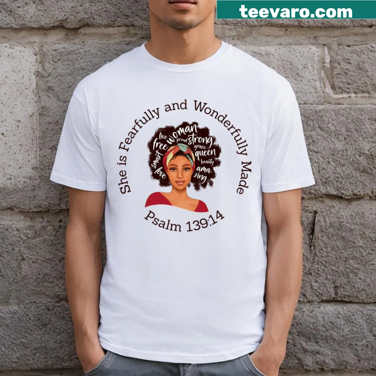 Inspirational typography of Psalm 139:14 on a T-shirt — on a men's t-shirt