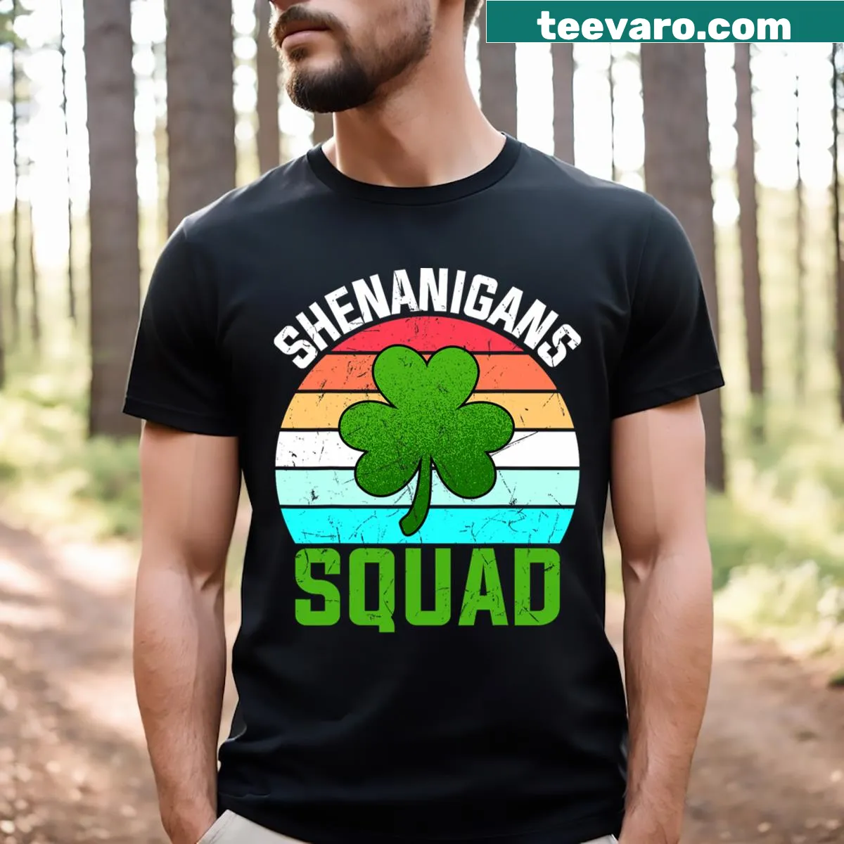 Funny St. Patrick's Day shirt with shamrocks and 'Shenanigans Squad' text — on a men's t-shirt