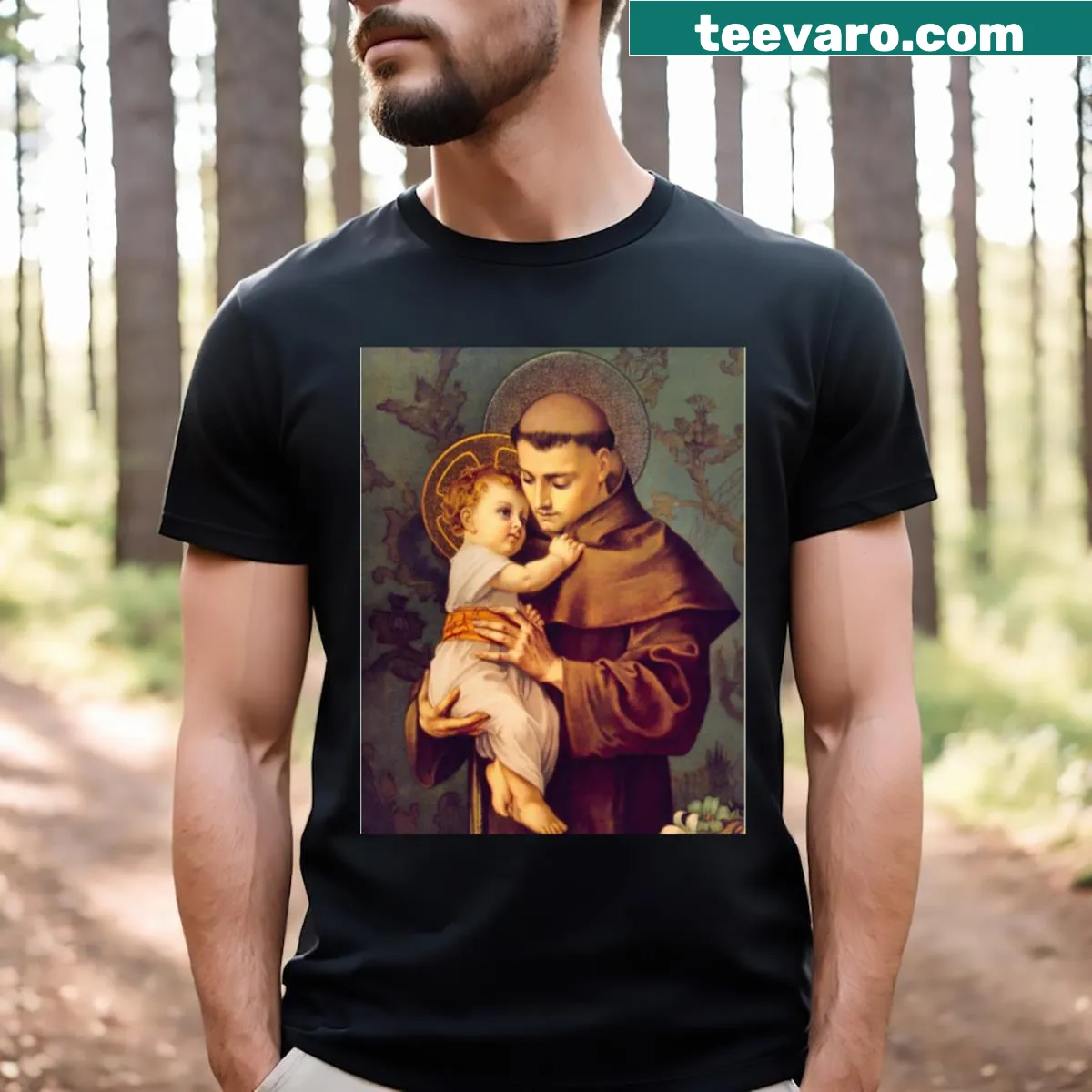 Illustration of St. Anthony holding Baby Jesus on a T-shirt — on a men's t-shirt