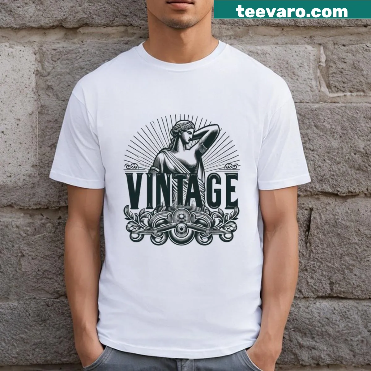 Vintage typography T-shirt with the phrase Statuesque Elegance — on a men's t-shirt