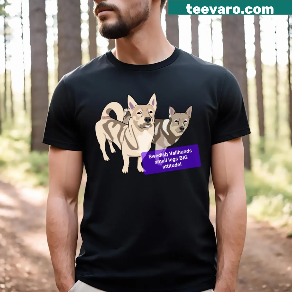 Playful t-shirt with illustration of Swedish Vallhund and humorous text. — on a men's t-shirt