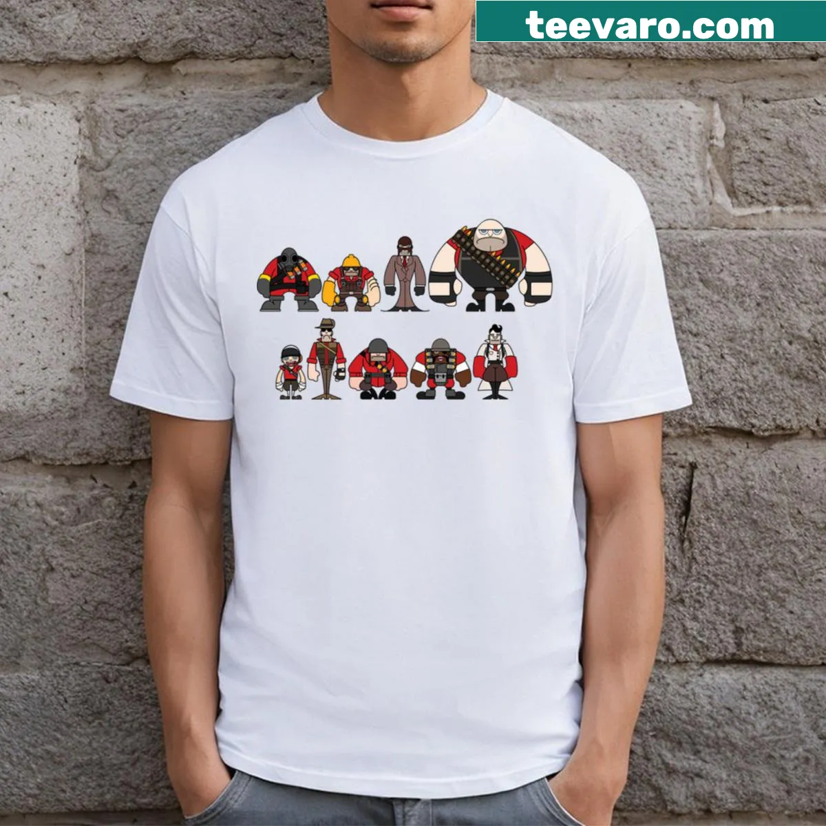 Team Fortress 2 T-shirt featuring iconic game elements in a playful design — on a men's t-shirt