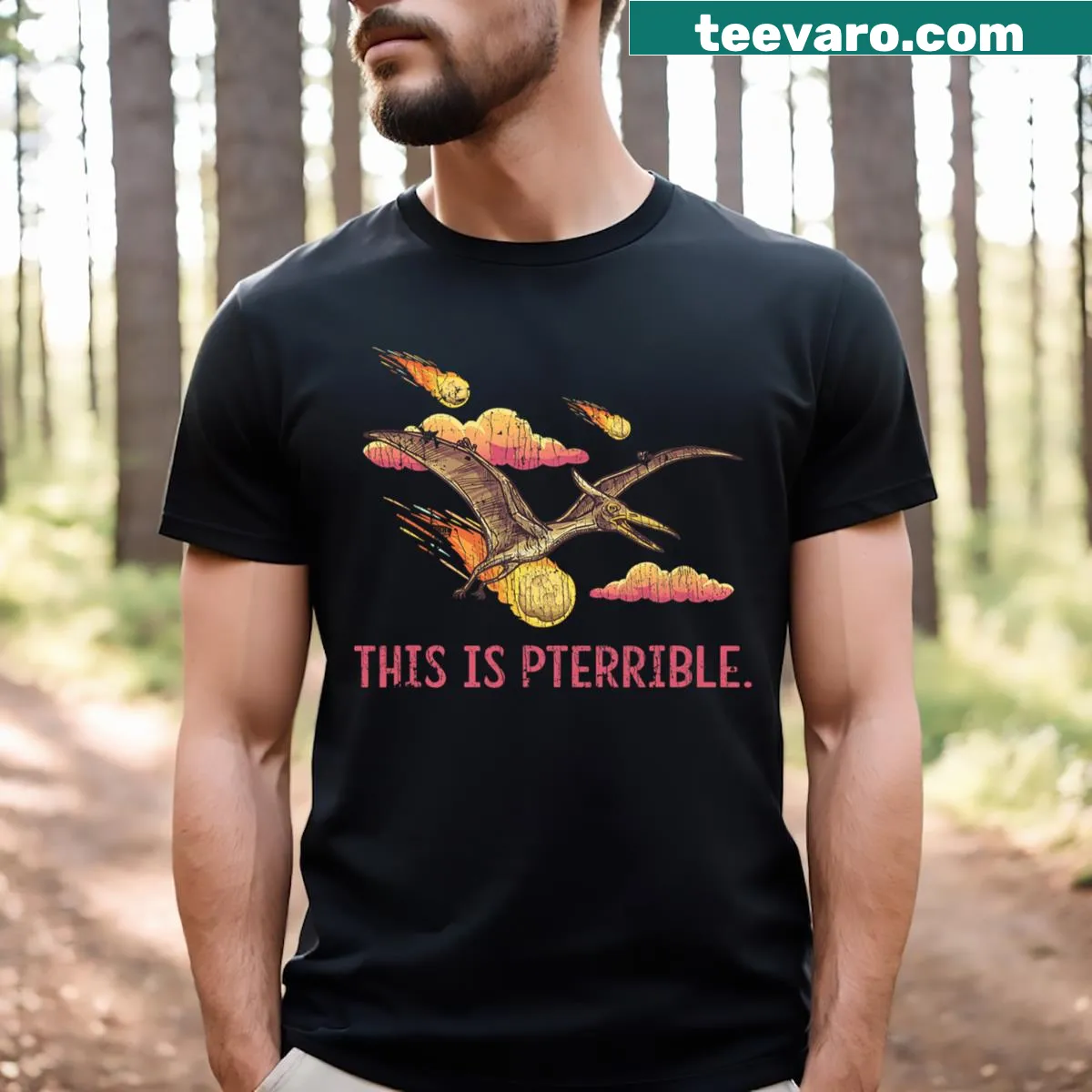 Funny t-shirt featuring a flying dinosaur and a pun — on a men's t-shirt