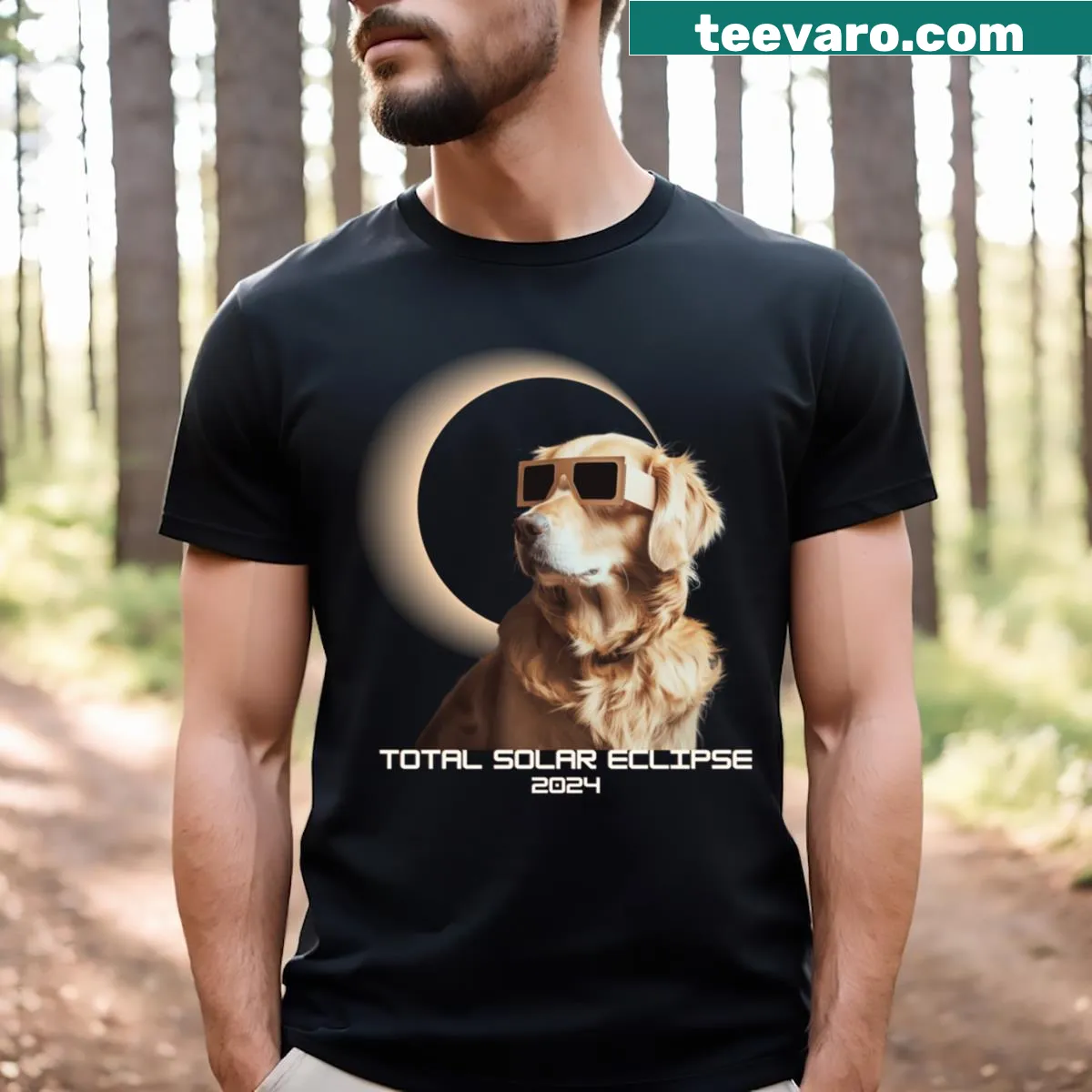 Funny golden retriever t-shirt for solar eclipse 2024 — on a men's t-shirt