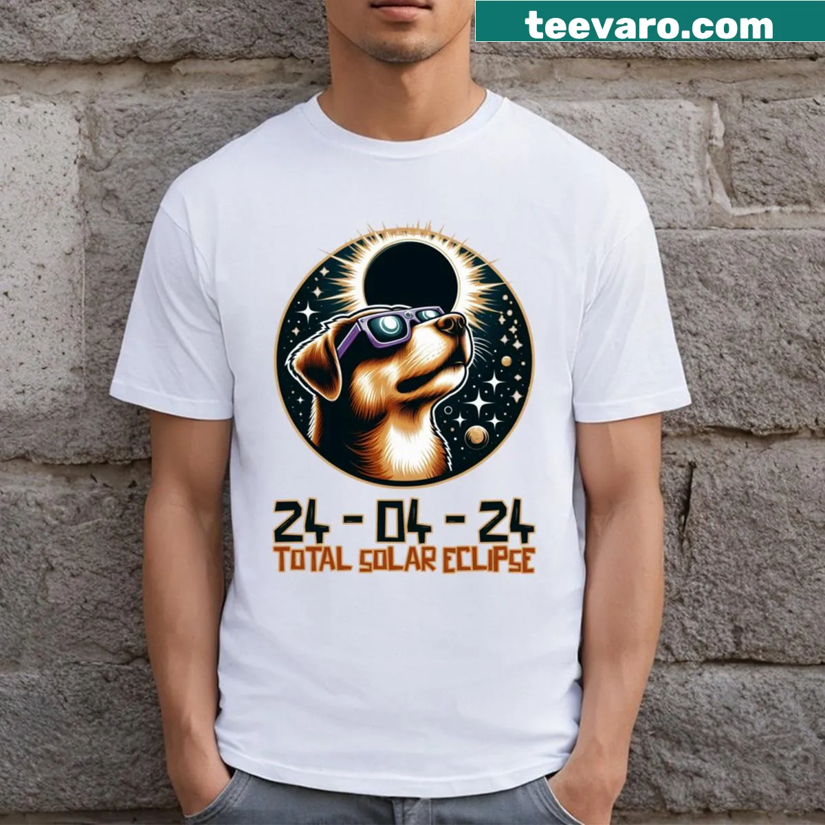 Illustration of a dog watching a solar eclipse — on a men's t-shirt