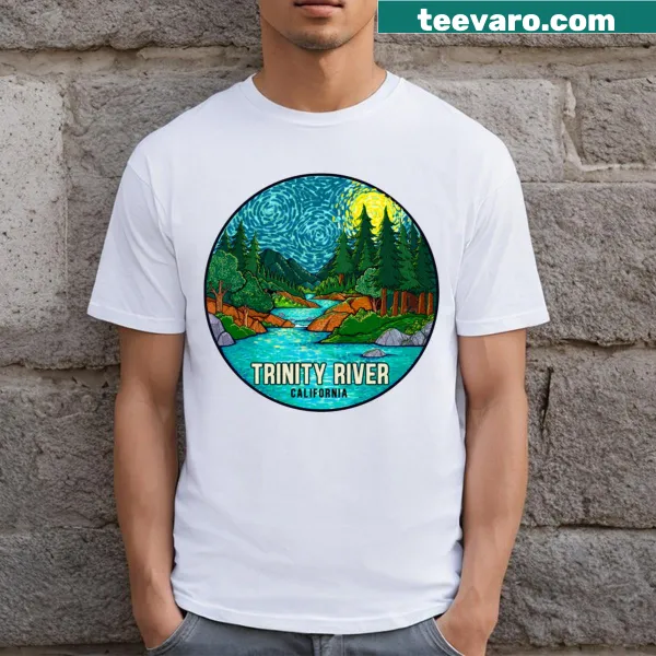 T-shirt featuring an illustration of the Trinity River in California