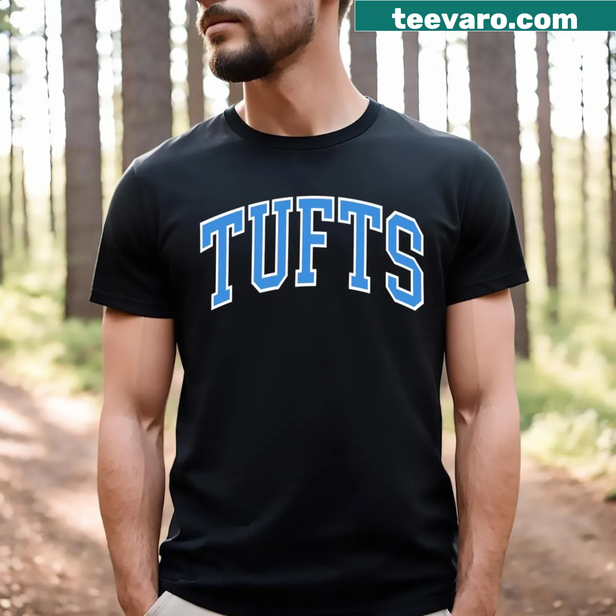 Stylish T-shirt featuring curved font design representing Tufts College — on a men's t-shirt