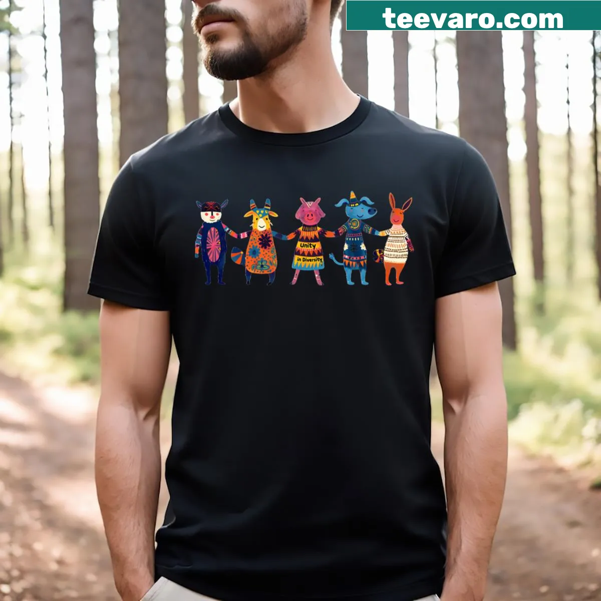 Graphic tee with diverse animals promoting inclusivity and friendship — on a men's t-shirt