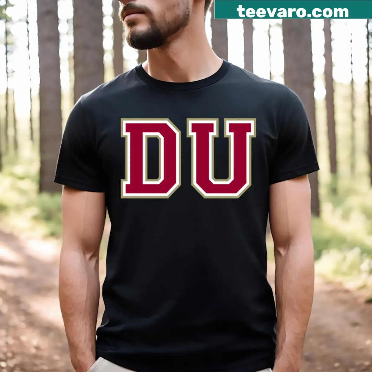 T-shirt with University of Denver college font design — on a men's t-shirt