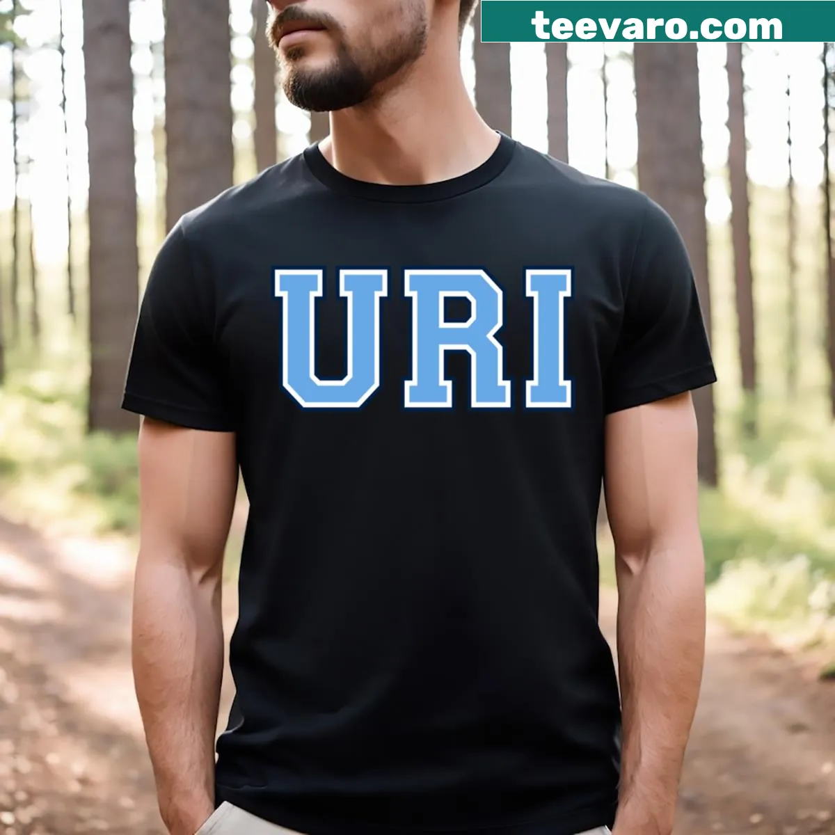 Uri College font printed T-shirt with bold lettering — on a men's t-shirt