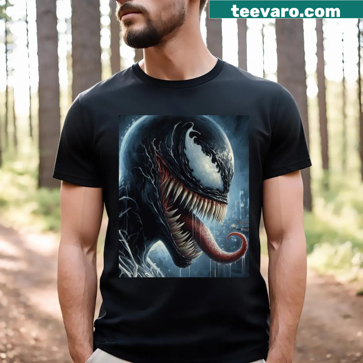 Graphic T-shirt featuring Venom's iconic face and design — on a men's t-shirt