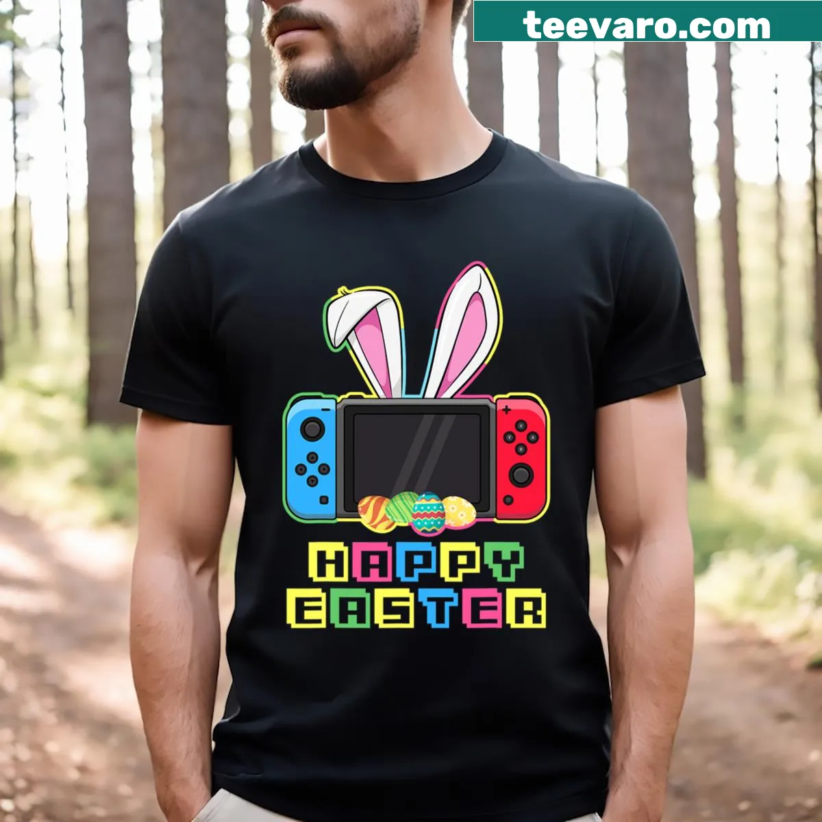 Cartoon Easter Bunny holding a gaming controller on a t-shirt — on a men's t-shirt