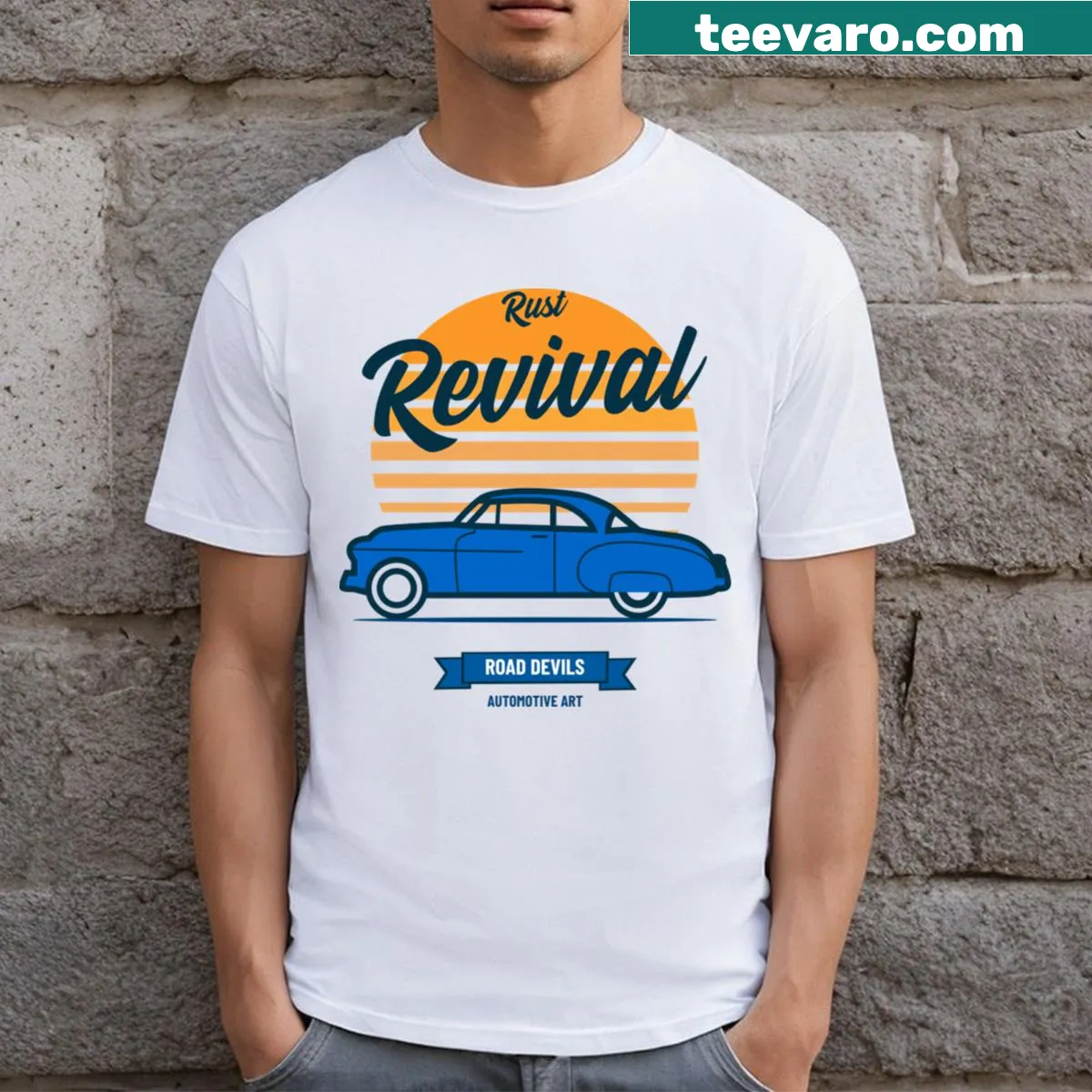 Distressed graphic of vintage cars on a T-shirt. — on a men's t-shirt