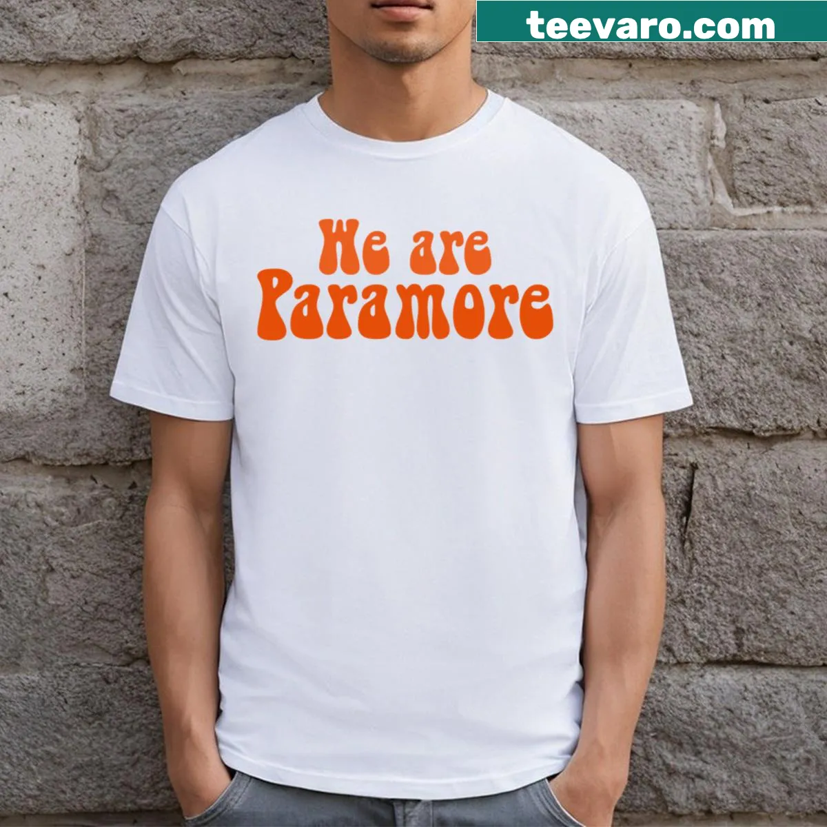 Retro Paramore band t-shirt with bold text — on a men's t-shirt