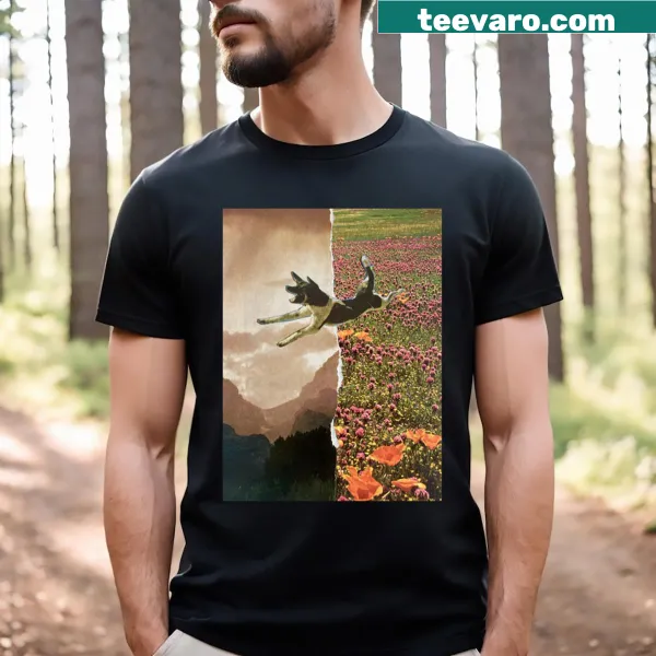Illustration of a wild dog jumping through fantasy worlds