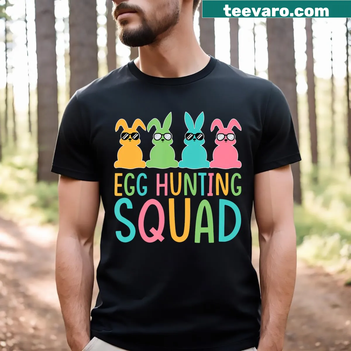 Cute T-shirt with bunny graphic and 'Egg Hunting Squad' text for Easter — on a men's t-shirt