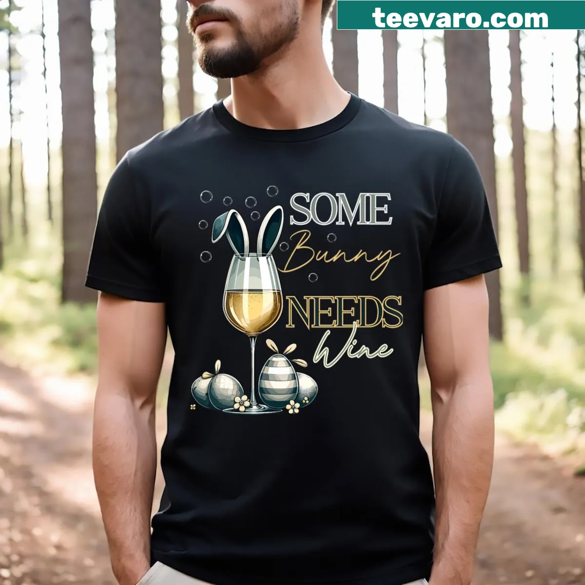 Cute bunny wine glasses graphic V-neck t-shirt for Easter — on a men's t-shirt