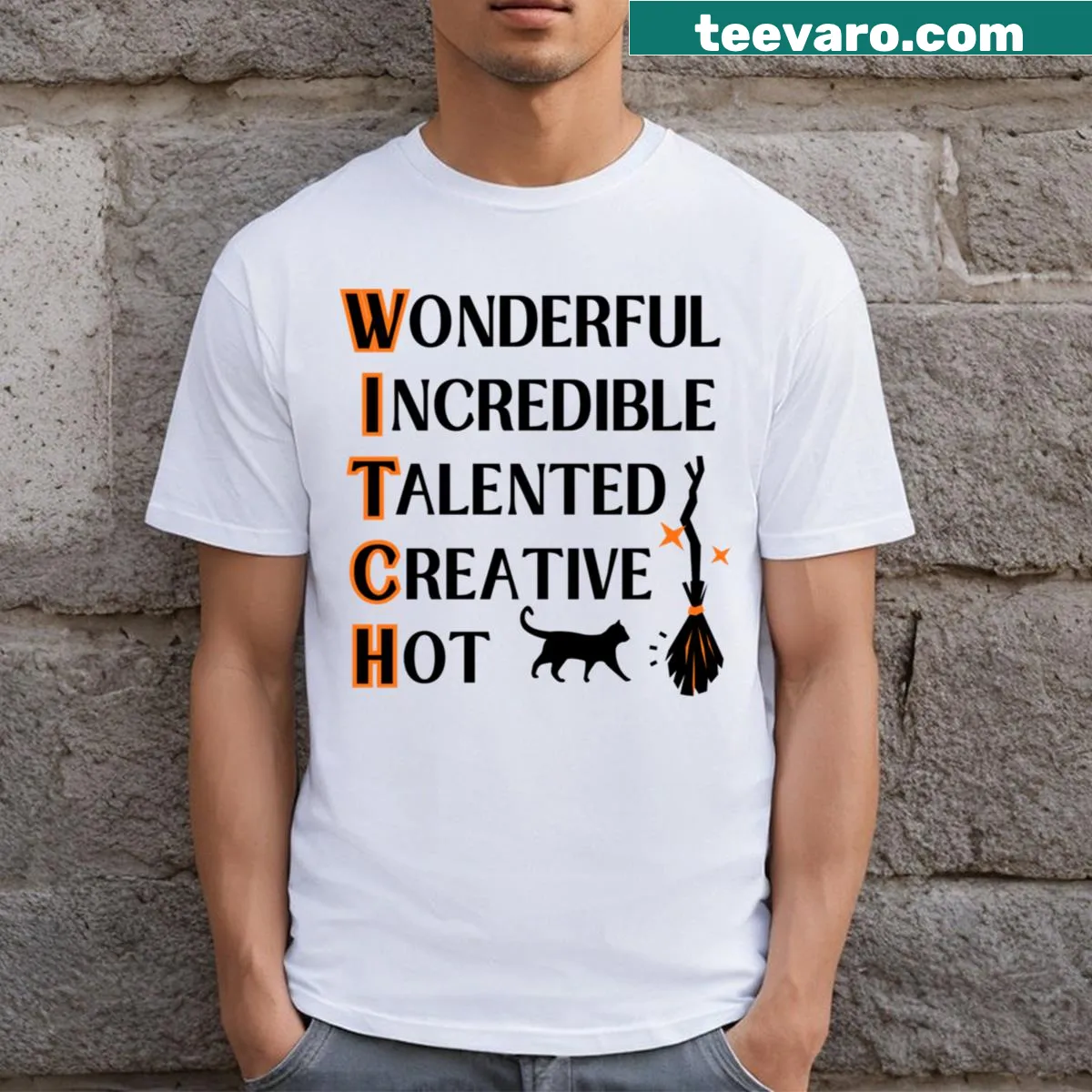 Playful T-shirt with cartoon witch graphic for Wiccan and Pagan enthusiasts — on a men's t-shirt