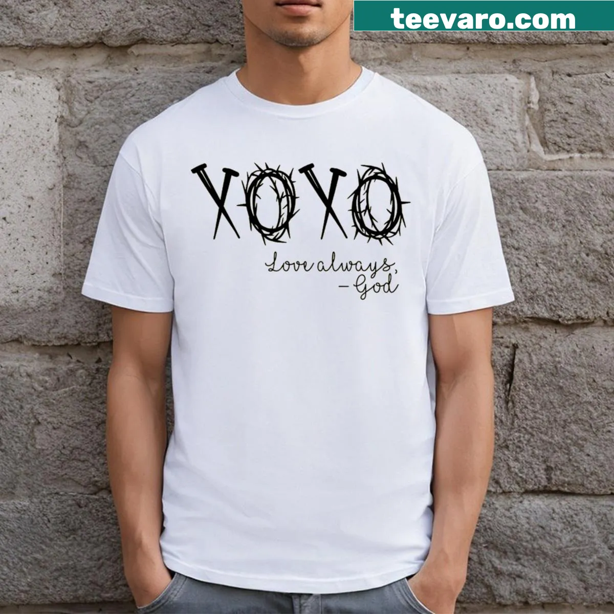 Inspirational shirt with the phrase 'Xoxo Love Always God' — on a men's t-shirt