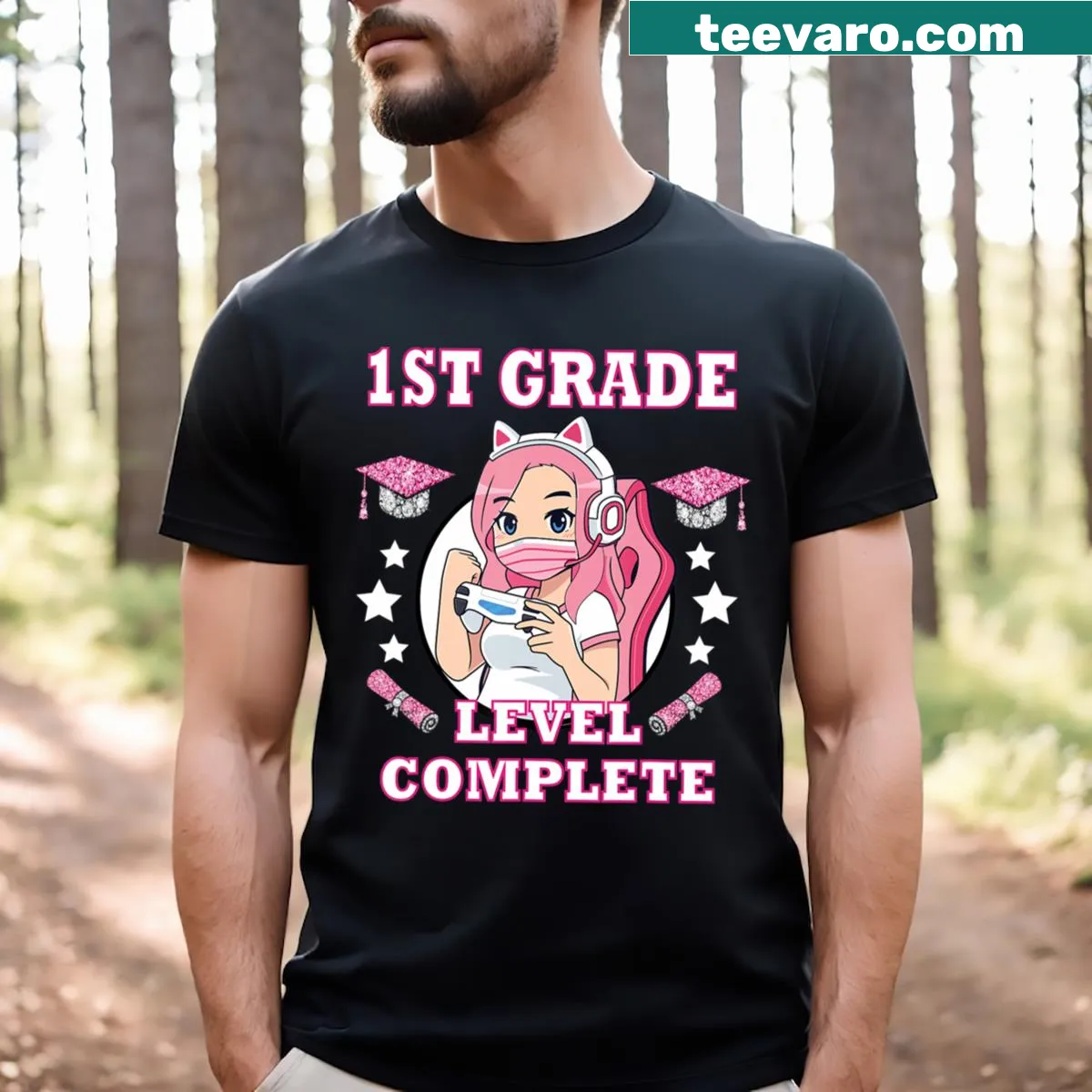 Funny gaming graduation t-shirt with anime girl graphic — on a men's t-shirt