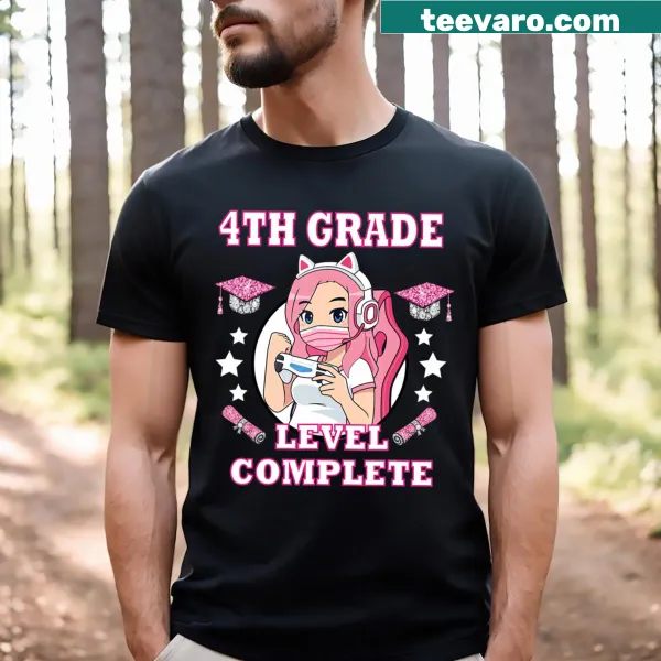 Humorous t-shirt featuring anime girl and '4th Grade Level Complete' text