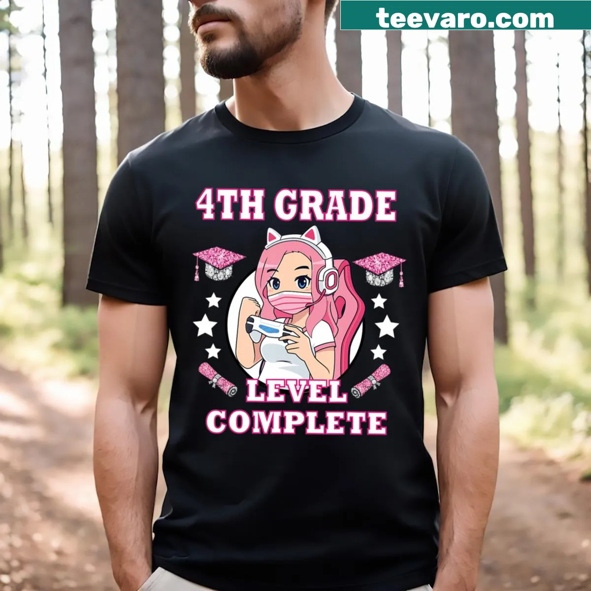 Humorous t-shirt featuring anime girl and '4th Grade Level Complete' text — on a men's t-shirt