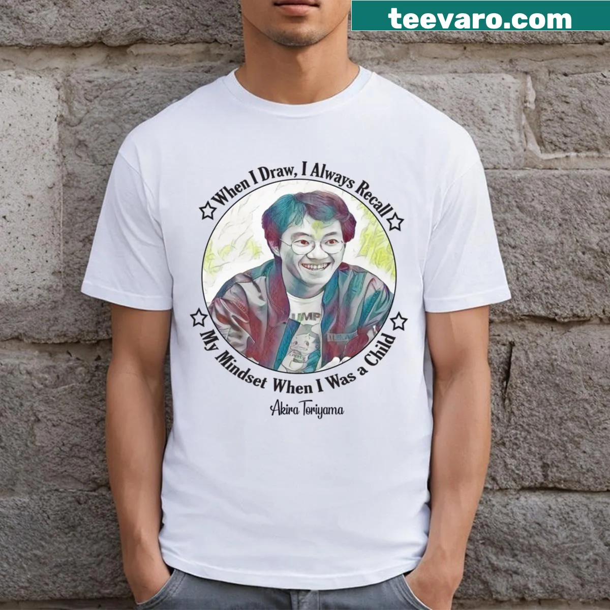 T-shirt featuring a quote from Akira Toriyama in stylish typography. — on a men's t-shirt