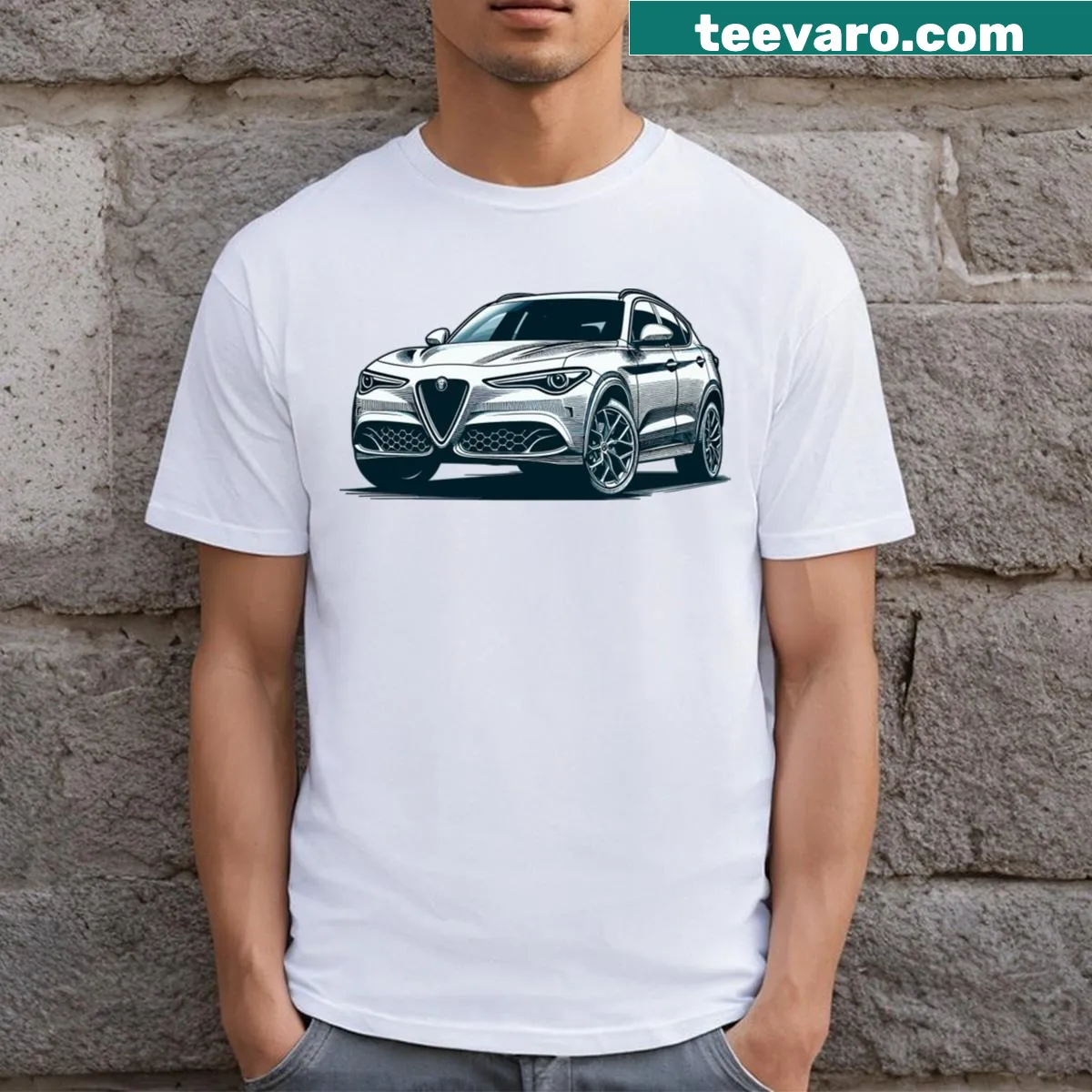 Alfa Romeo Stelvio t-shirt featuring a bold badge emblem — on a men's t-shirt