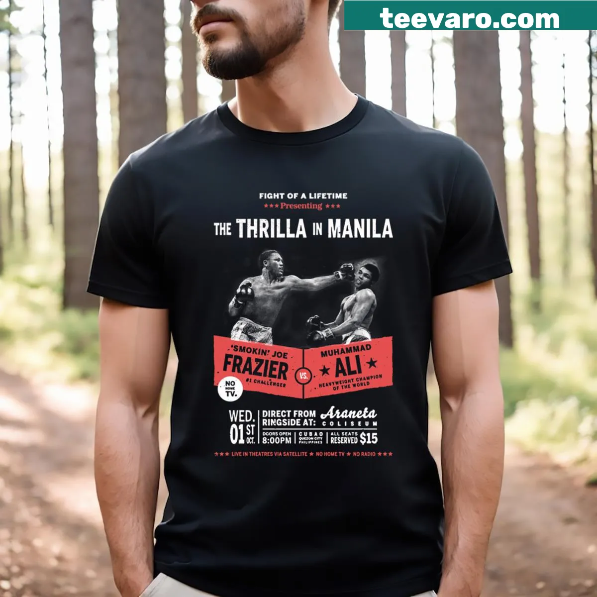 T-shirt featuring illustration of the Ali vs. Frazier boxing match — on a men's t-shirt