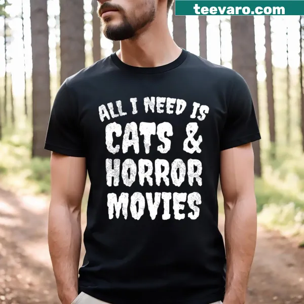 T-shirt featuring playful quote about cats and horror movies
