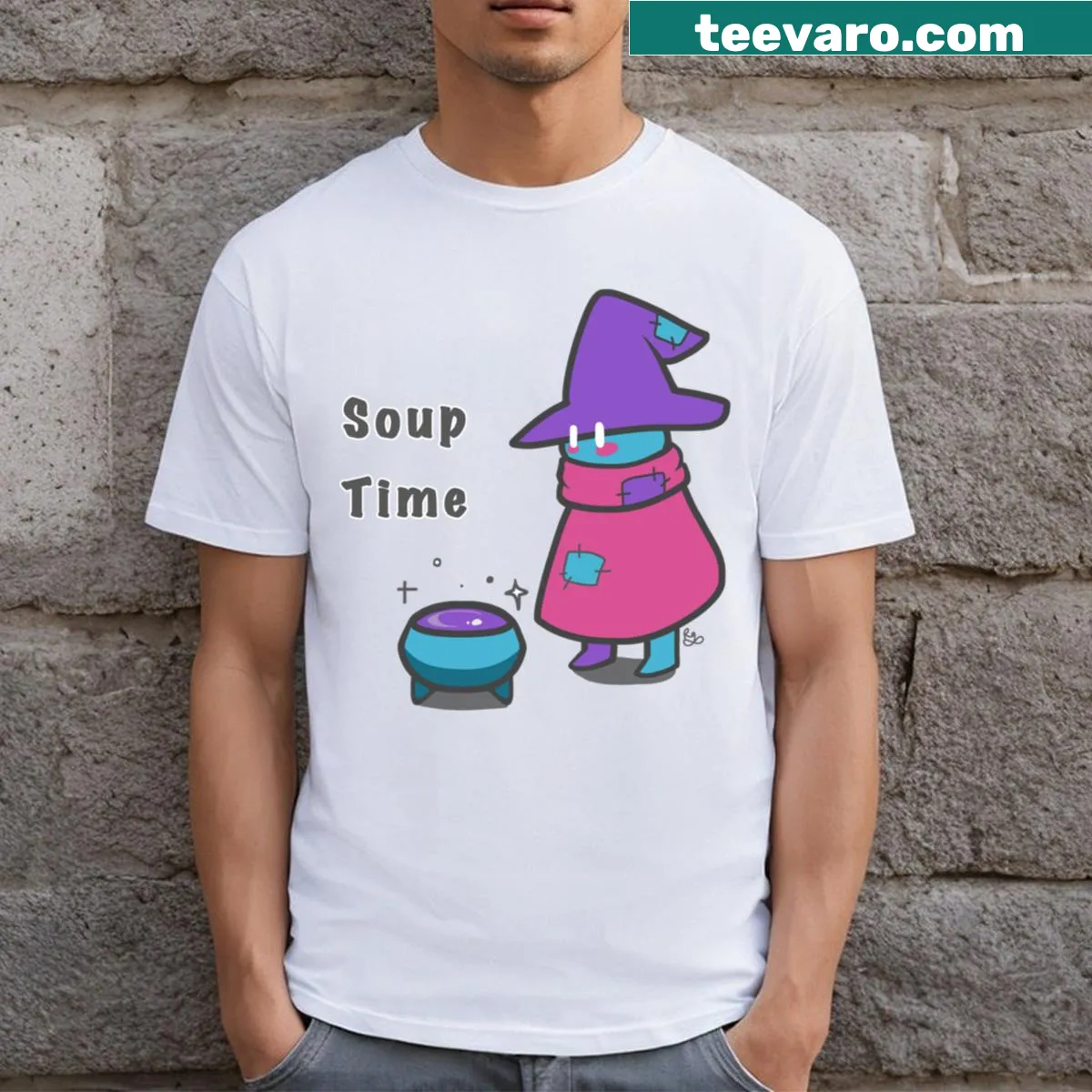 Cartoon-style design of Androgyne Soup Wizard for pride — on a men's t-shirt