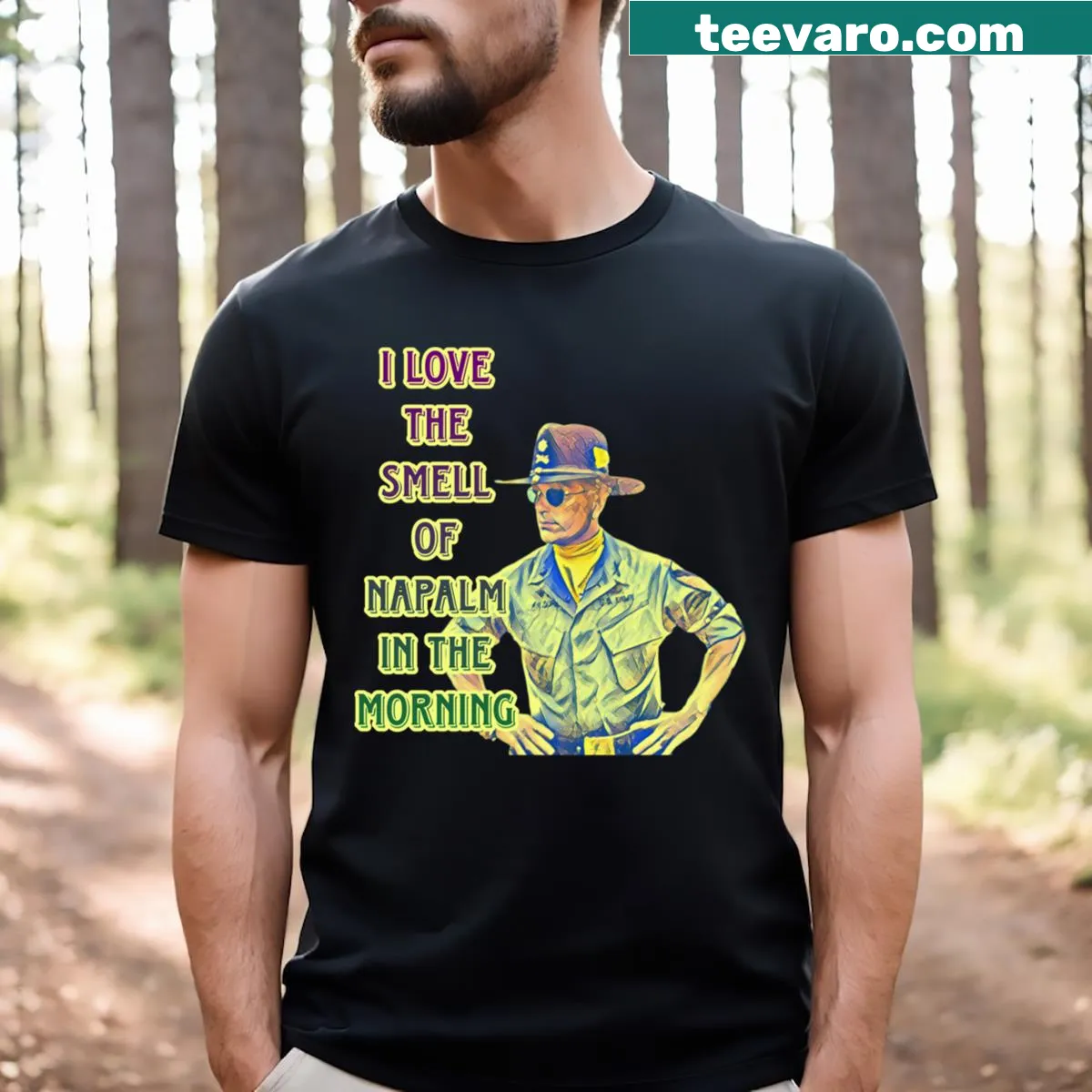 T-shirt honoring the classic film Apocalypse Now with iconic movie elements — on a men's t-shirt