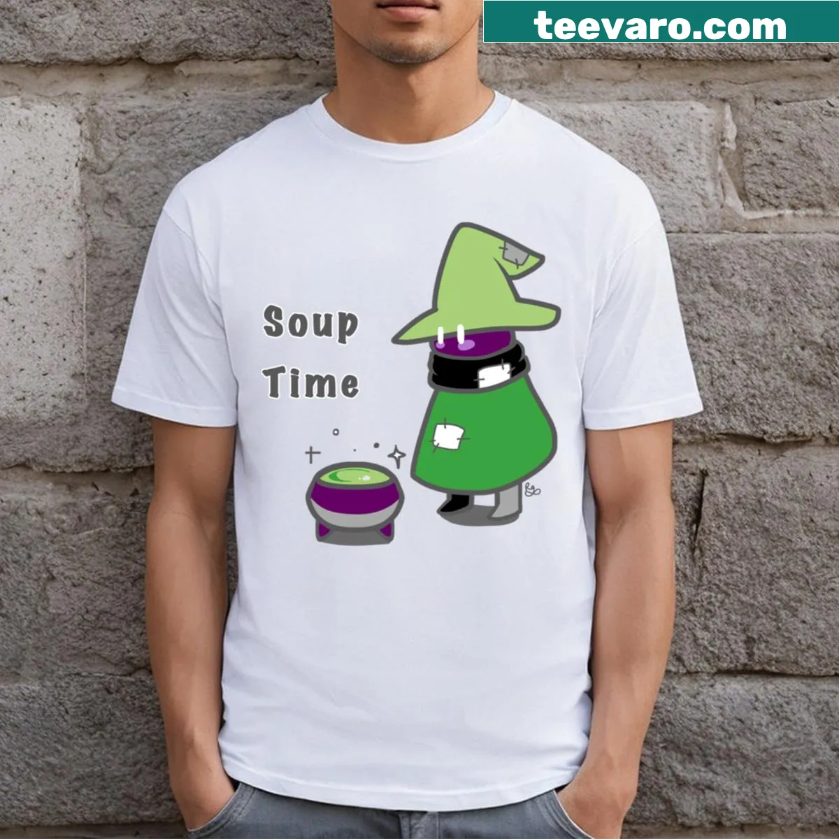 Illustrated T-shirt featuring a cute soup wizard celebrating aroace pride. — on a men's t-shirt