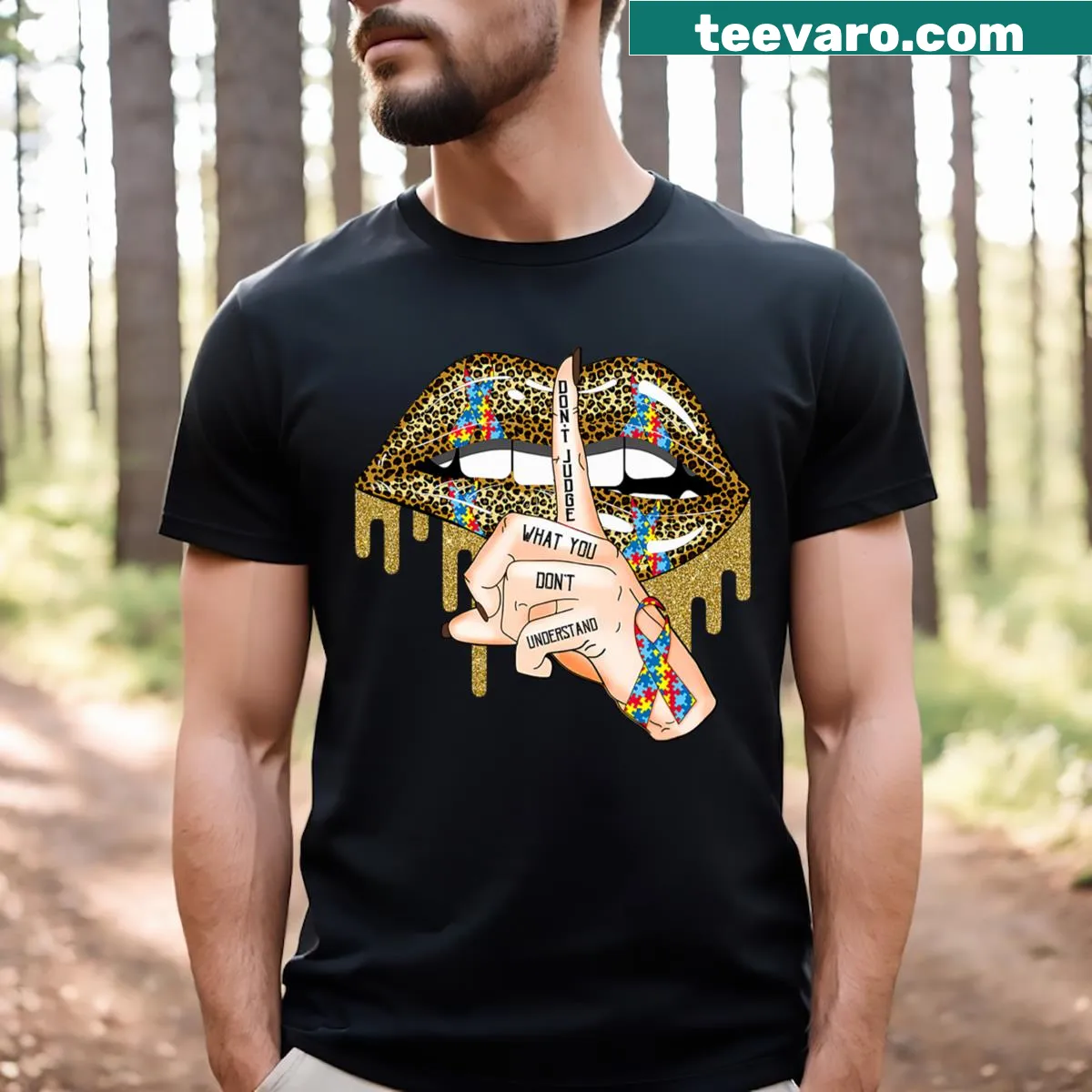 Autism Awareness t-shirt with puzzle piece graphic and lips design — on a men's t-shirt
