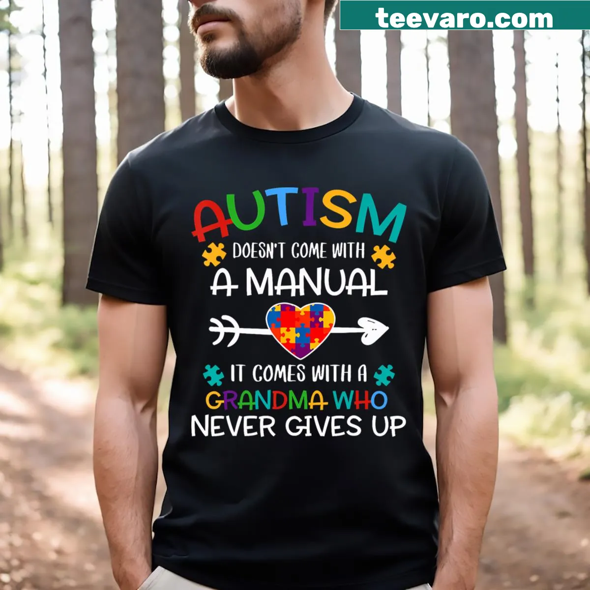 Grandma's Autism Awareness t-shirt with puzzle piece graphic — on a men's t-shirt