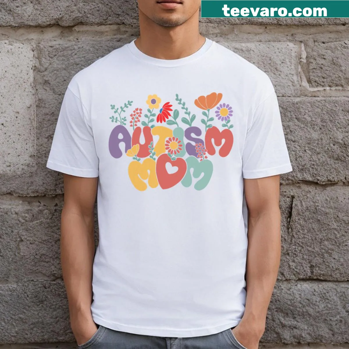 Retro-style Autism Awareness t-shirt for moms with groovy design — on a men's t-shirt