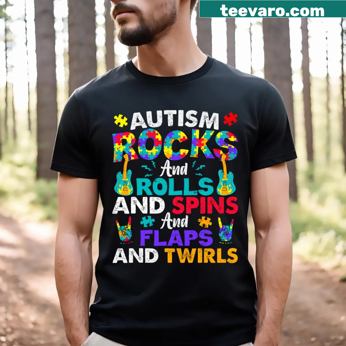 Autism Rocks t-shirt with playful awareness slogan — on a men's t-shirt