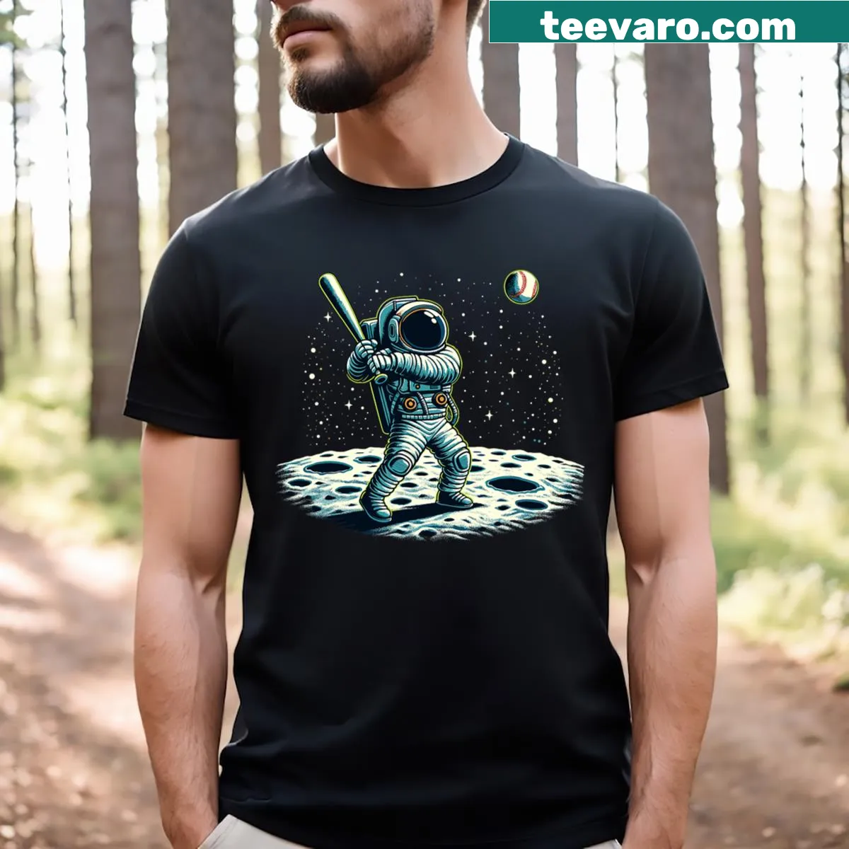 Funny baseball T-shirt with astronaut graphic — on a men's t-shirt