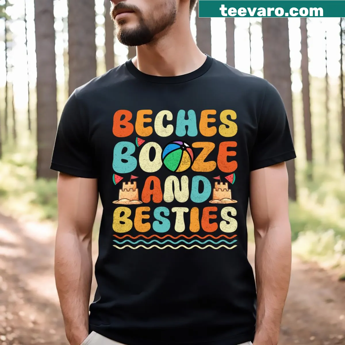 Vintage holiday T-shirt with cute beach and drink theme — on a men's t-shirt