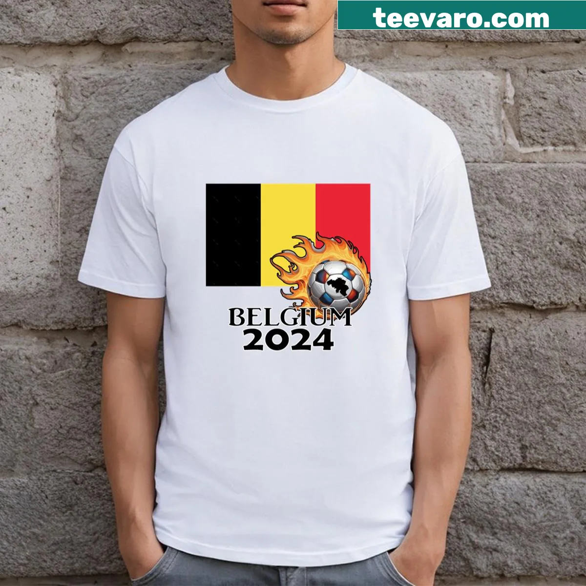 Belgium 2024 soccer t-shirt featuring bold text — on a men's t-shirt