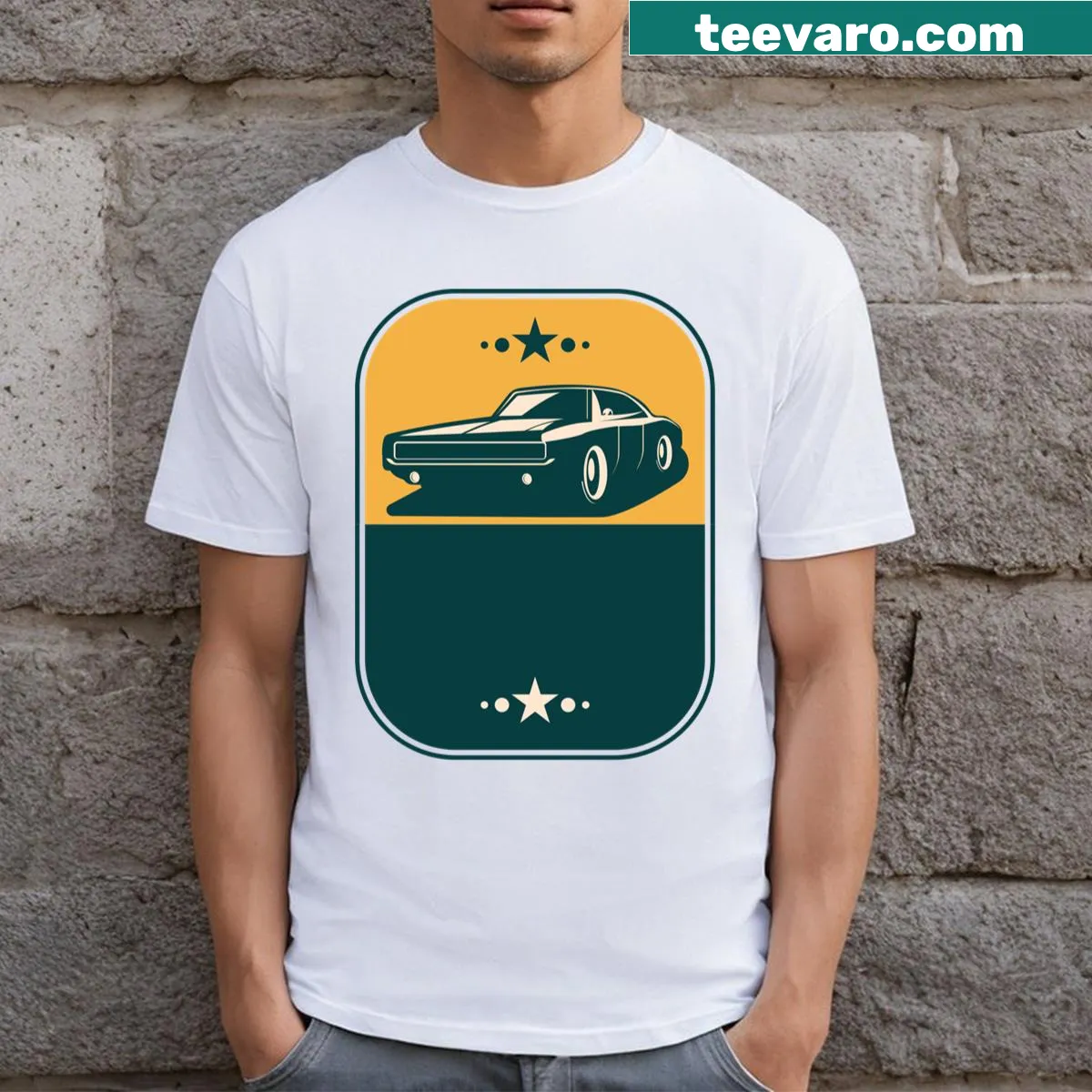 T-shirt featuring a black car silhouette on an orange background — on a men's t-shirt