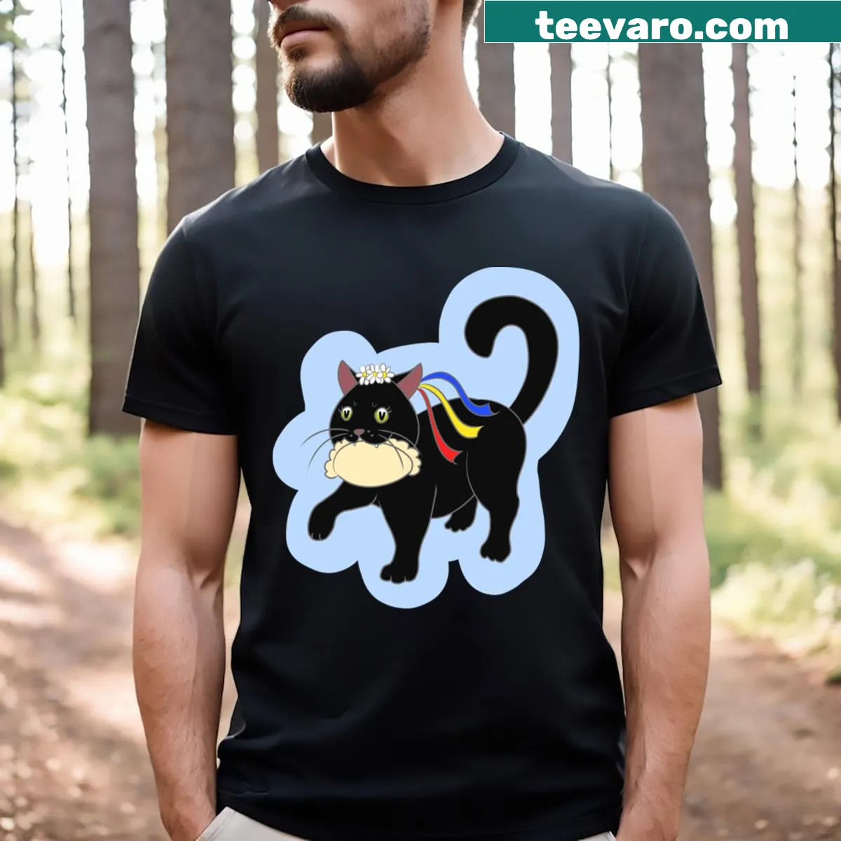 Illustration of a black cat with a dumpling on a t-shirt — on a men's t-shirt