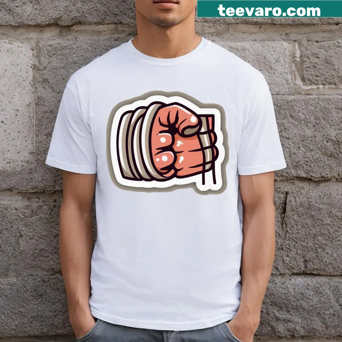 Boxing-themed t-shirt featuring a fist graphic — on a men's t-shirt