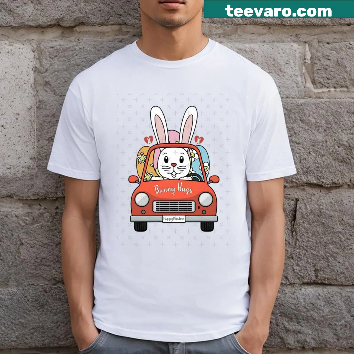 Cute Easter t-shirt with bunny driving a car — on a men's t-shirt