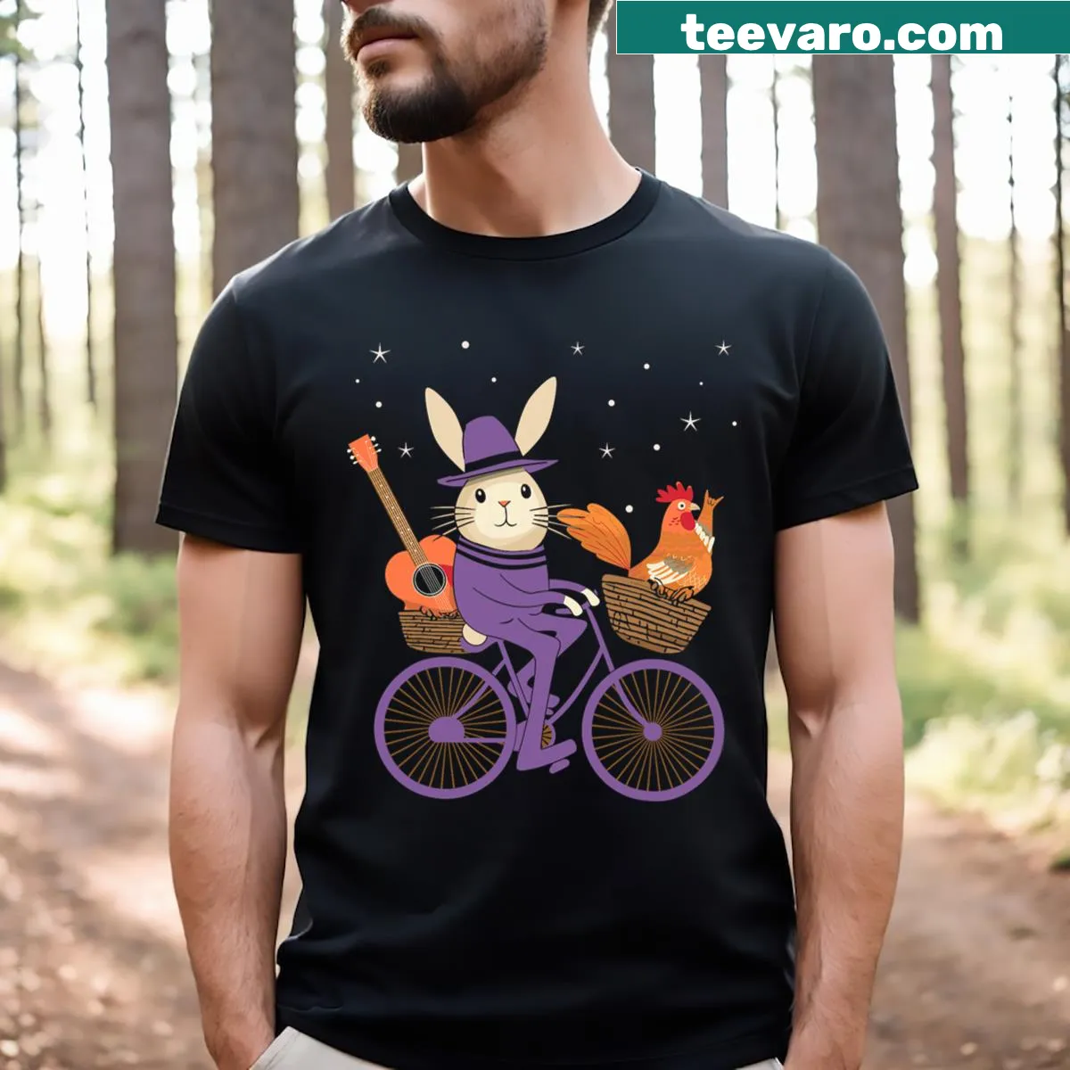 Funny Easter t-shirt with bunny playing guitar and chicken — on a men's t-shirt