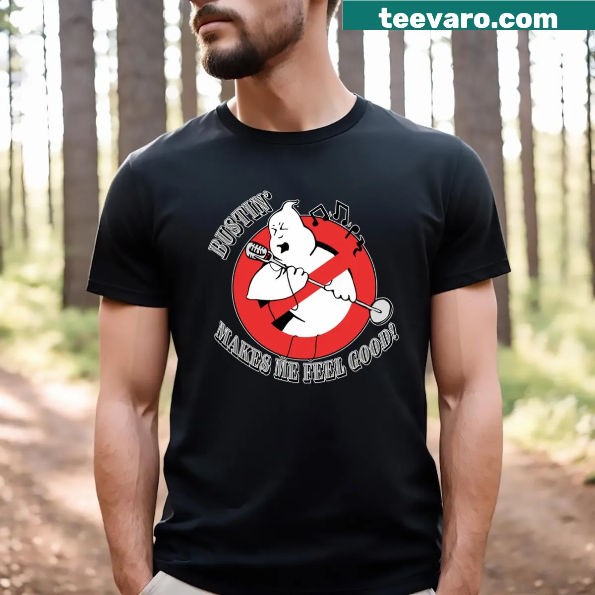 Funny t-shirt with playful phrase about busting loose — on a men's t-shirt