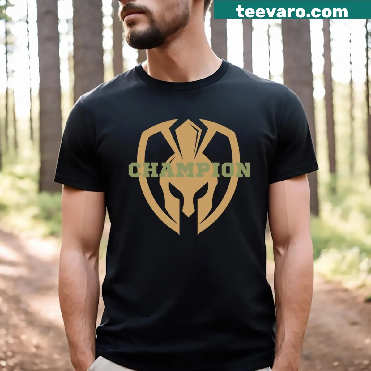 Champion Military Sport t-shirt with military-themed sticker designs — on a men's t-shirt