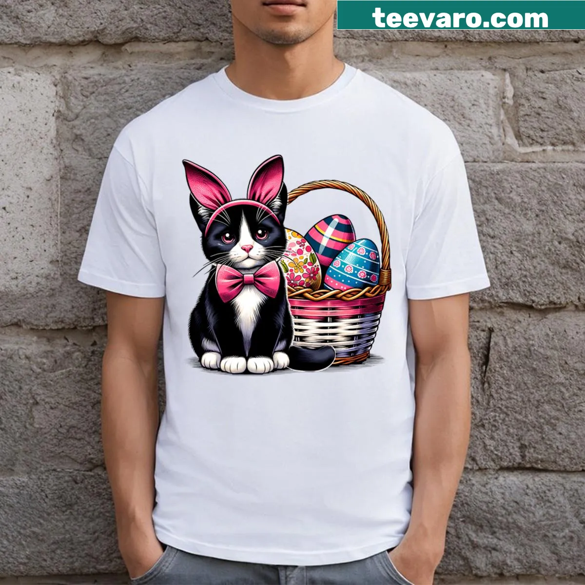 Cute cat with bunny and Easter eggs illustration on T-shirt — on a men's t-shirt