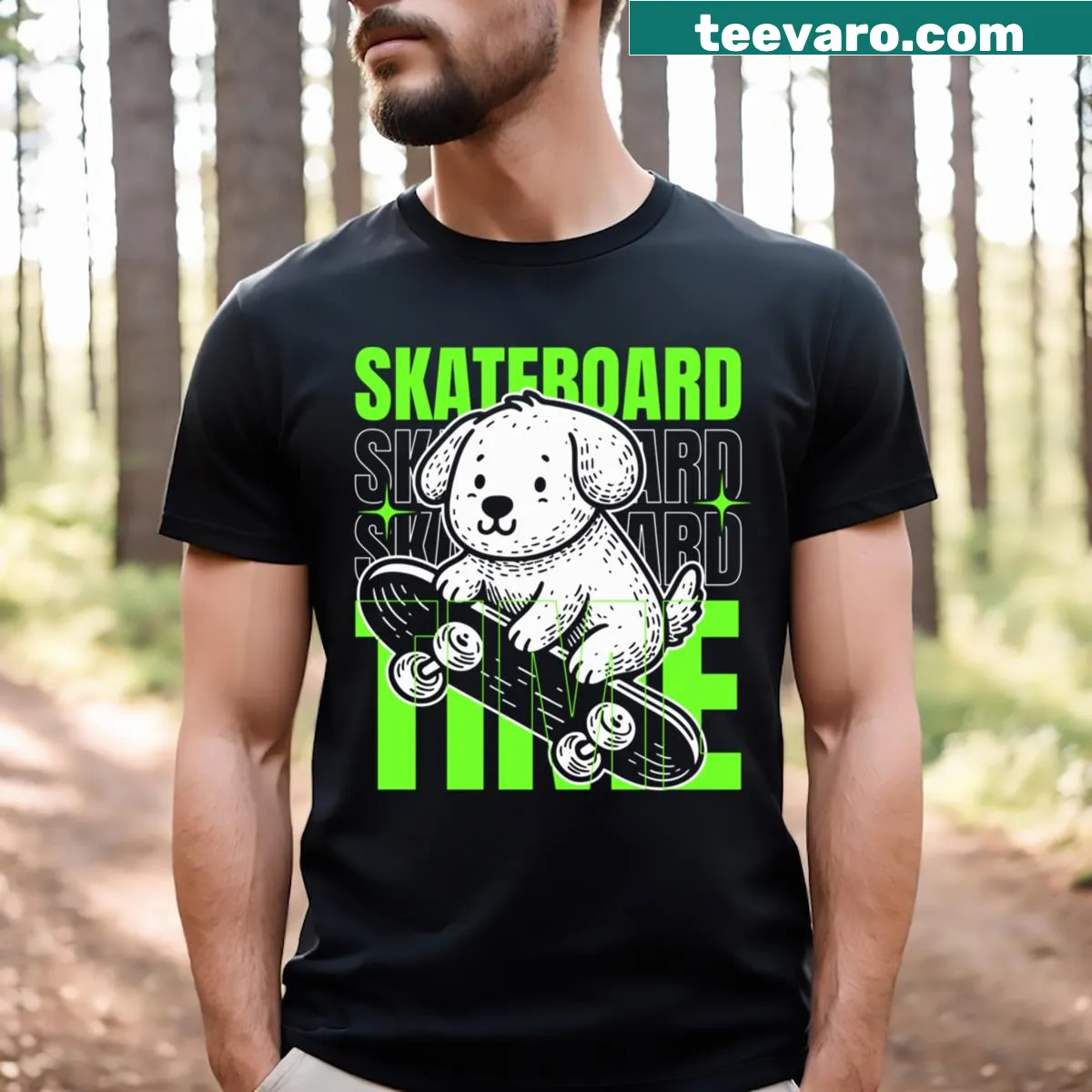Playful design of a dog skateboarding on a t-shirt — on a men's t-shirt